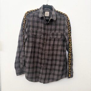 Furst of a Kind Men's Skater Plaid Flannel Shirt with Yellow Laced Sleeve Size M